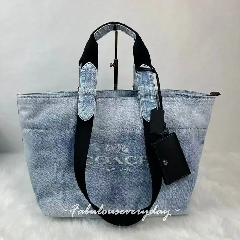 Coach Men's Small Tour Tote Bag In Loved Denim With Charms Sv/Light Indigo CDY49